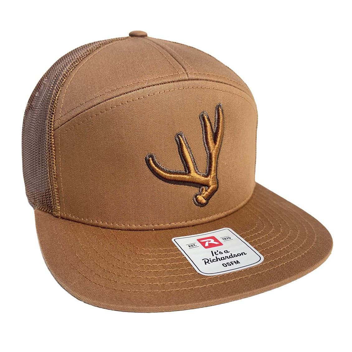 Carmel colored 7 panel trucker hat with matching puff embroidered mule deer antler