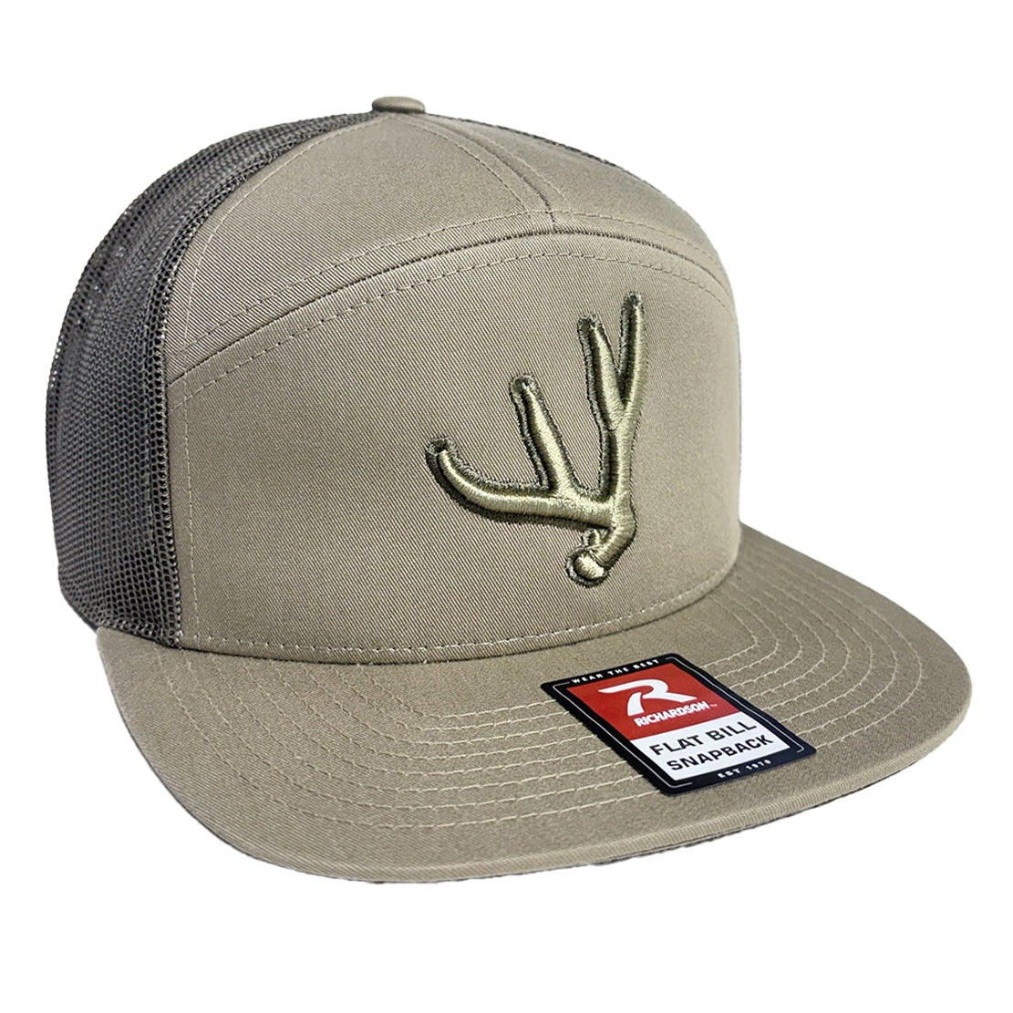 Khaki colored 7 panel trucker hat with matching puff embroidered mule deer antler